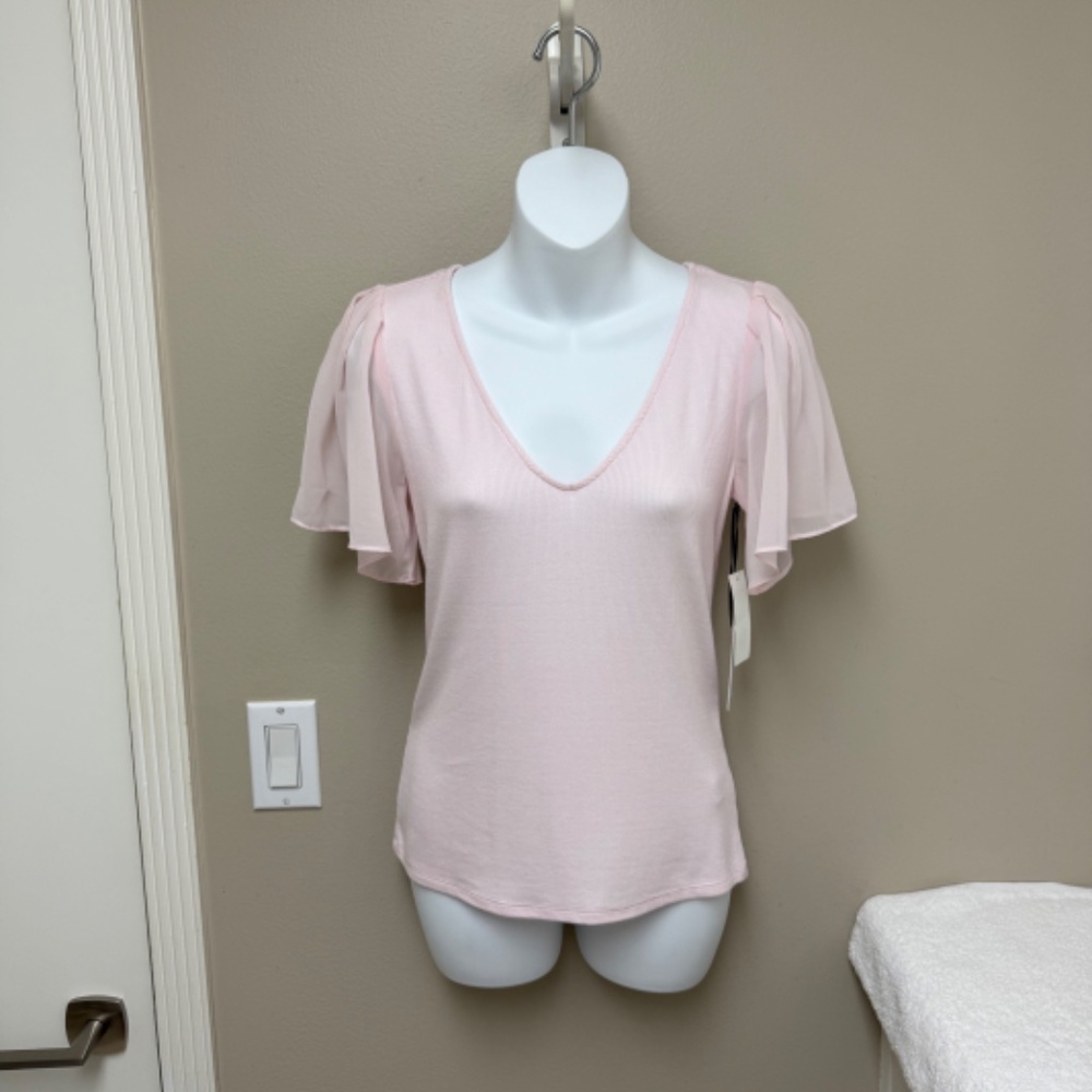 NEW! 1.State Flutter Sleeve Ribbed Tee V Neck Soft Cotton Pink Cloud Size S $59